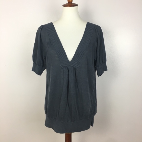 Club Monaco Deep V-Neck Puff Sleeve Knit Linen Top - Picture 1 of 6